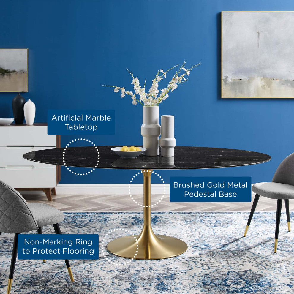 Dining Table, Oval, Artificial Marble, Metal, Gold Black, Cafe Bistro Restaurant