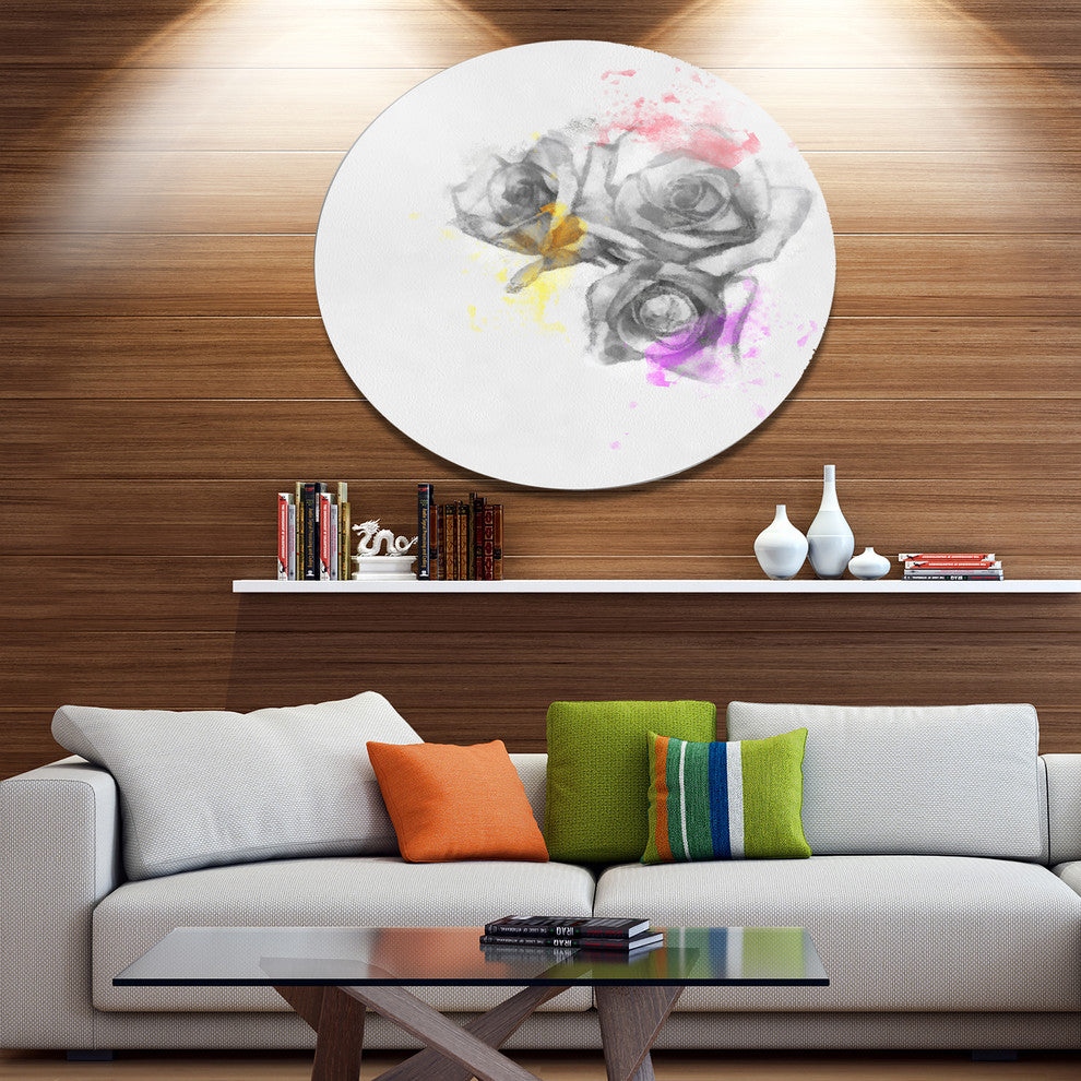 Black White Watercolor Rose Sketch, Floral Round Wall Art, 36"