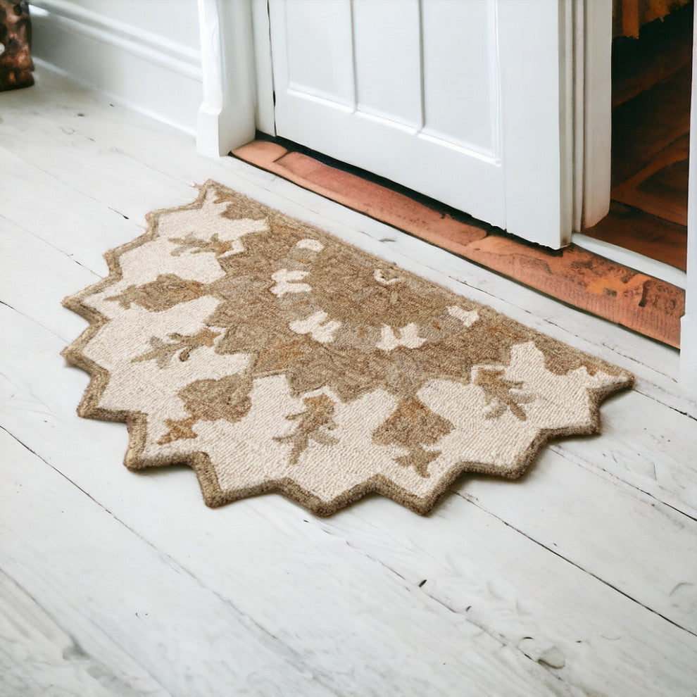 2' X 4' Tan and Beige Wool Medallion Hand Woven Half Circle Area Rug
