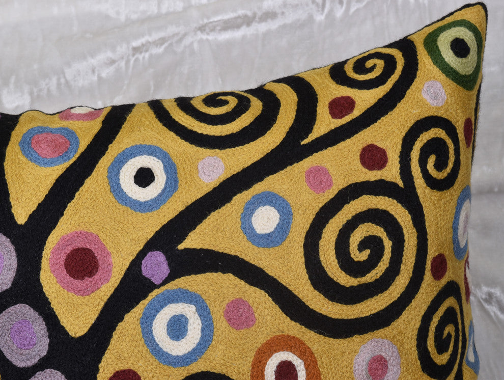 Klimt Yellow Pillow Cover Chair Soulful Tree of Life Hand Embroidered Wool 18x18