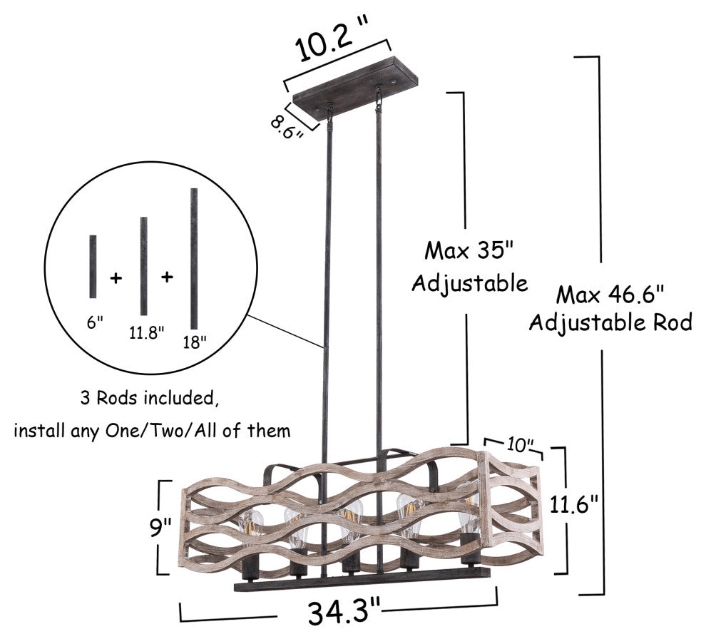 Coastal 5-Light Distressed Wood Chandelier Kitchen Island Pendant Light, Distressed