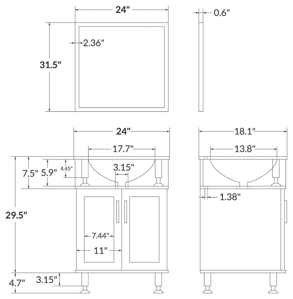 LessCare Vanity Cabinet LV1-24B With Sink Glass Top and Mirror