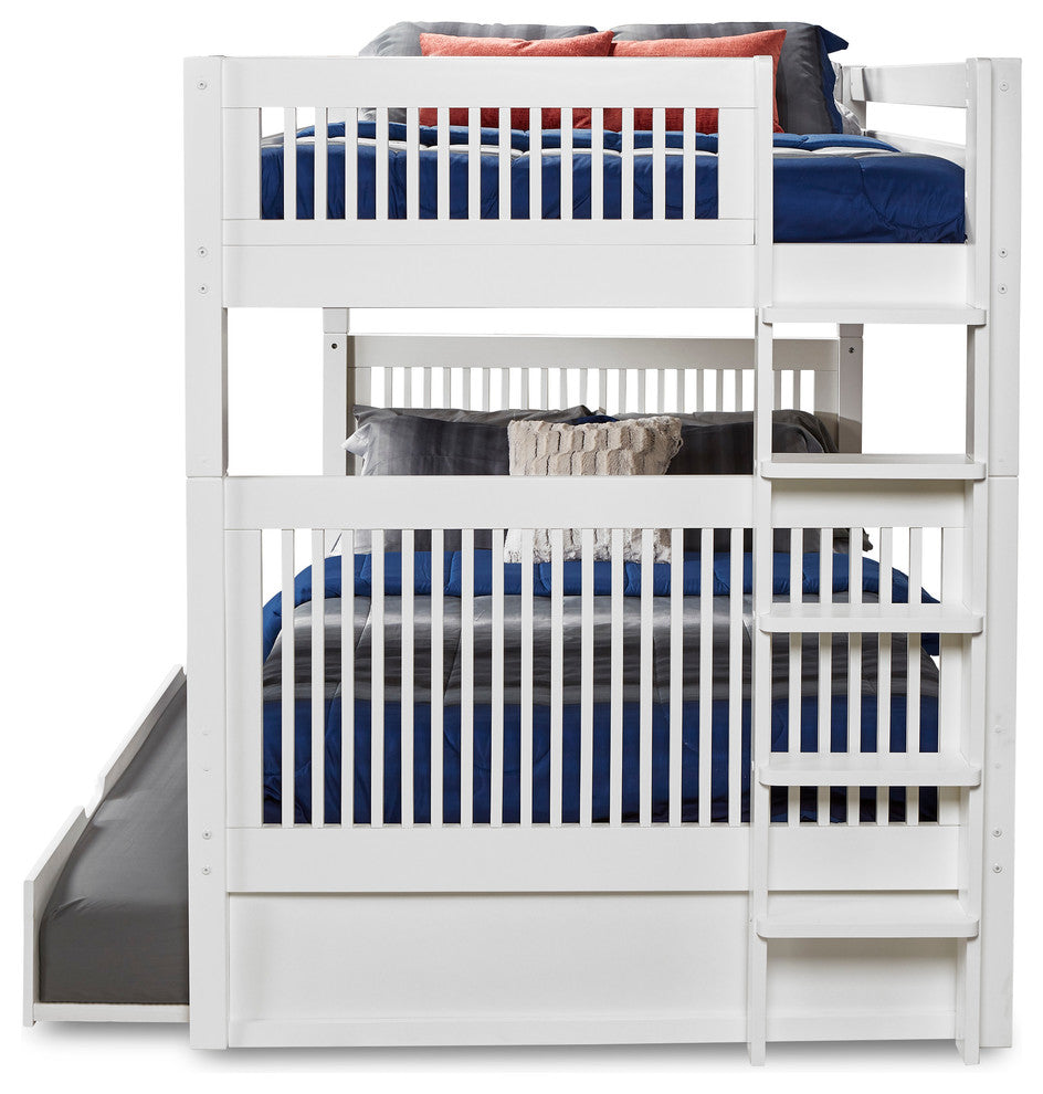 Full over Full Bunk Bed With Twin Trundle, Mission Headboard, Ladder, White