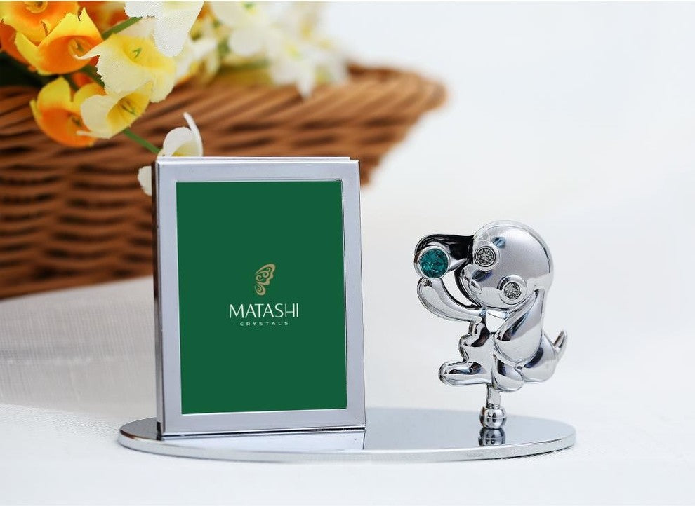 2018 Year of the Dog Chrome Plated Silver Puppy Picture Frame w/ Green Crystal