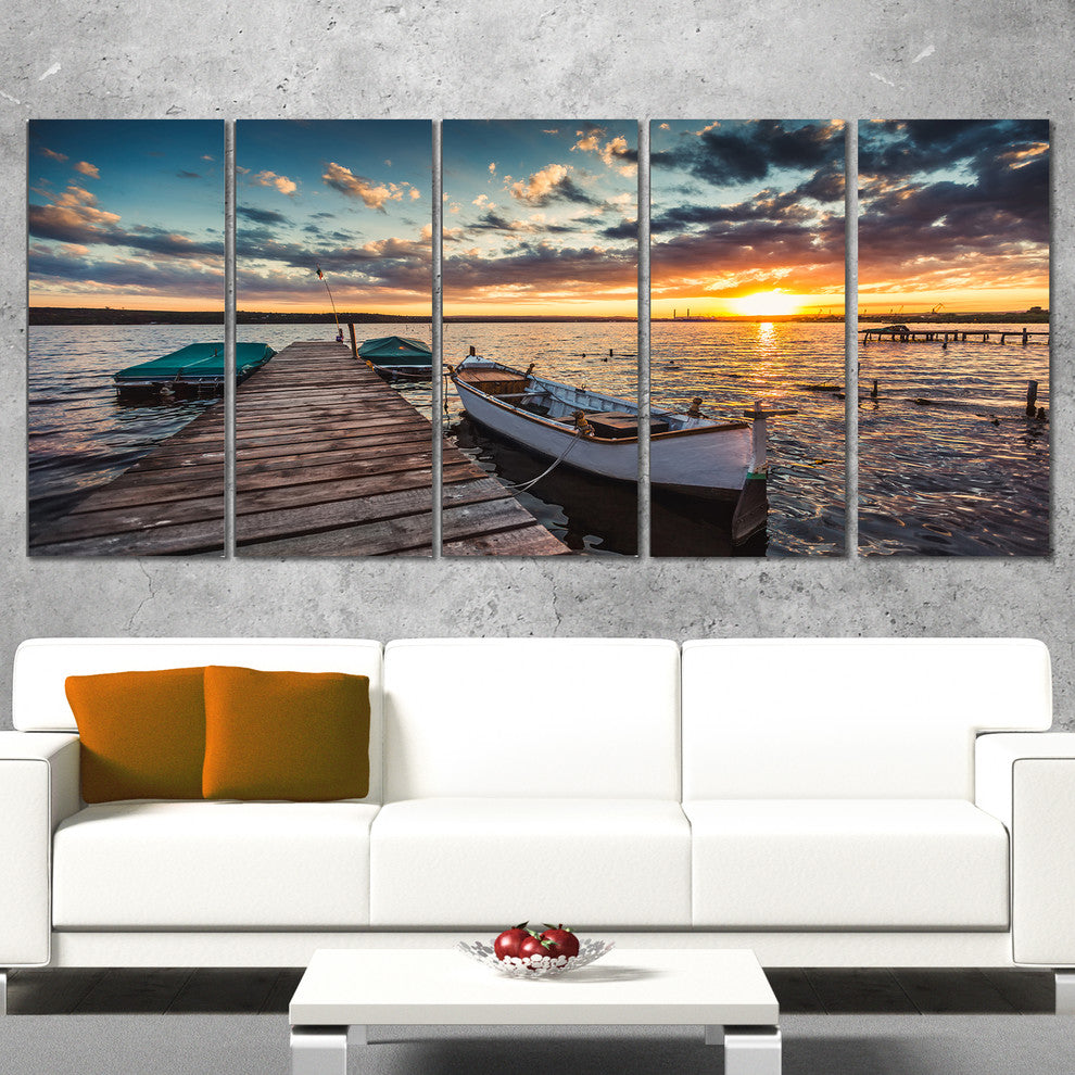 Boats and Jetty under Dramatic Sky, Modern Canvas Print, 60"x28", 5 Panels