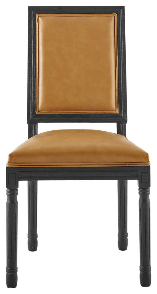 French Vintage Side Dining Chair, Faux Vegan Leather, Wood, Black Tan, Modern