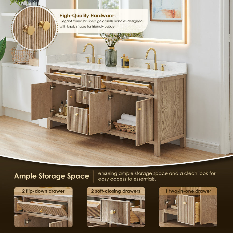 Cerrito Bathroom Vanity, Natural Oak, 72" Double, Without Mirror