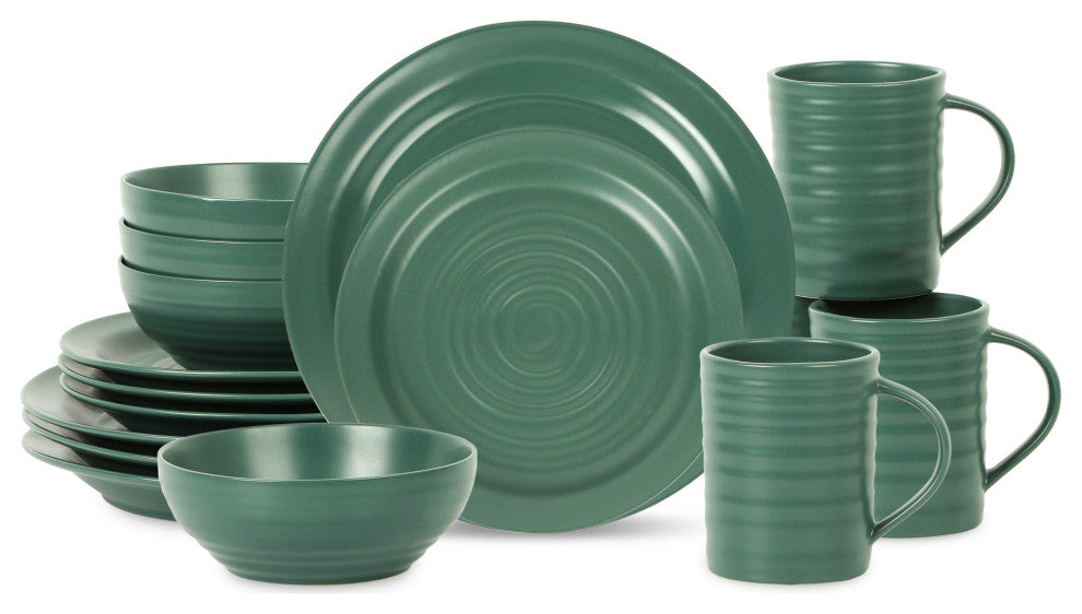 Stone Lain Orbit Stoneware 16-Piece Dinnerware Set, With Mugs, Green