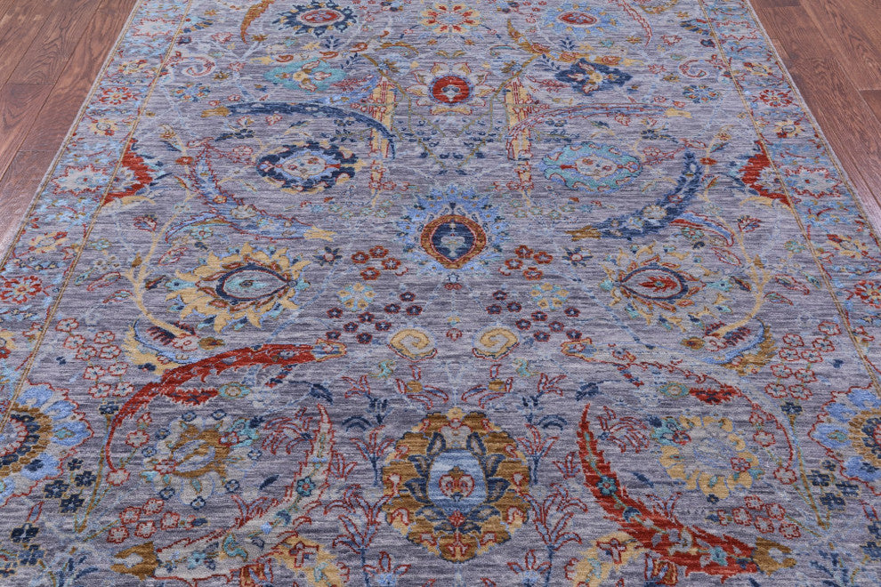 Persian Wool and Silk Sickle Leaf Design Hand Knotted Rug 6' 3" X 9' 1" Q8640