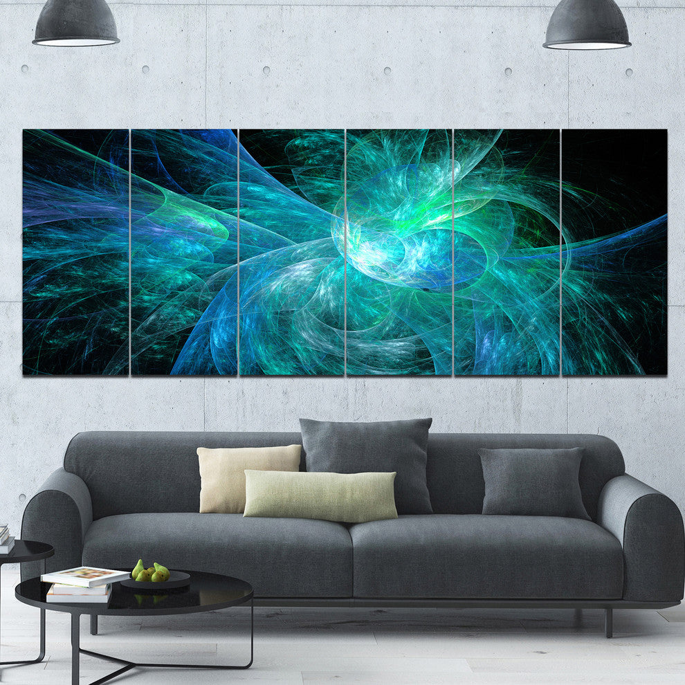 Blue on Black Fractal Illustration, Abstract Canvas Art Print, 70"x28", 6 Panels