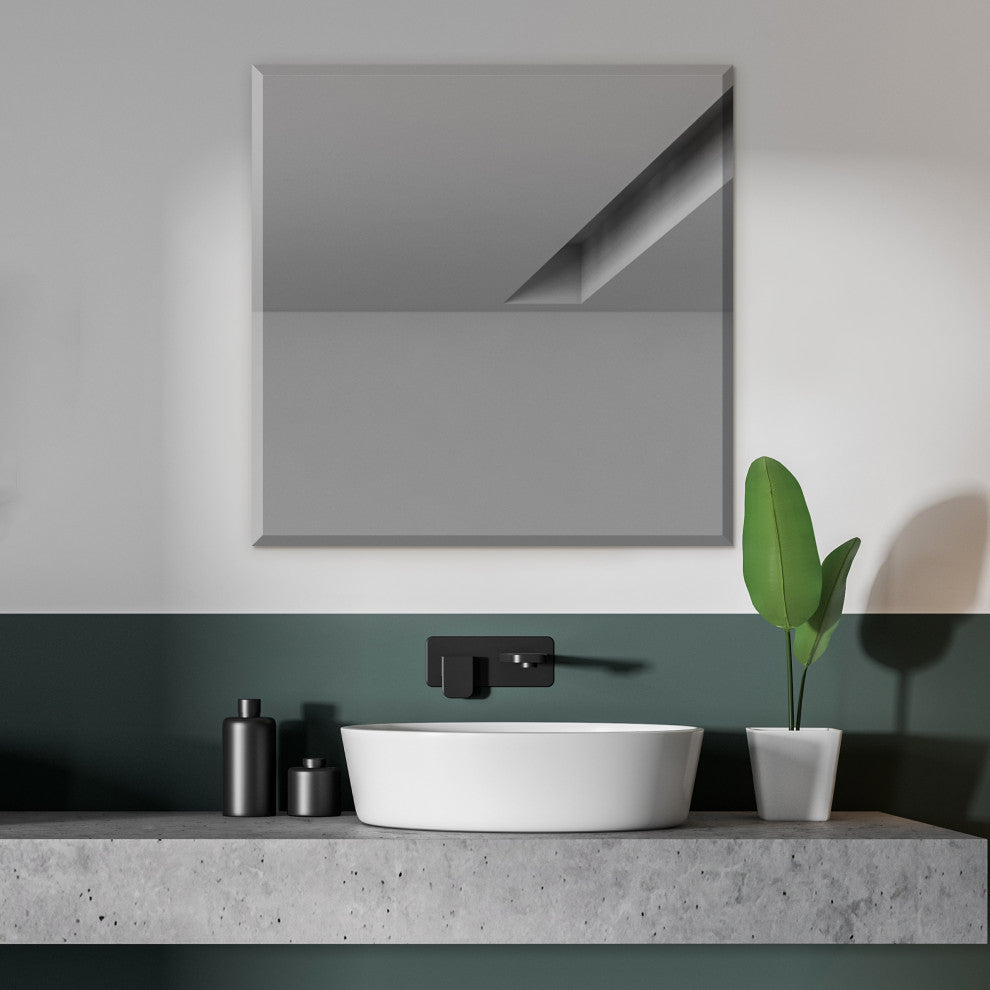 Square Beveled Polished Frameless Wall Mirror With Hooks, 36"