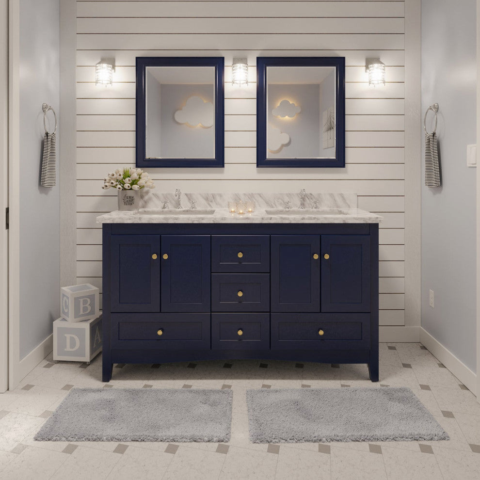 Abbey 60" Bath Vanity, Base: Royal Blue, Top: Carrara Marble, Double Vanity
