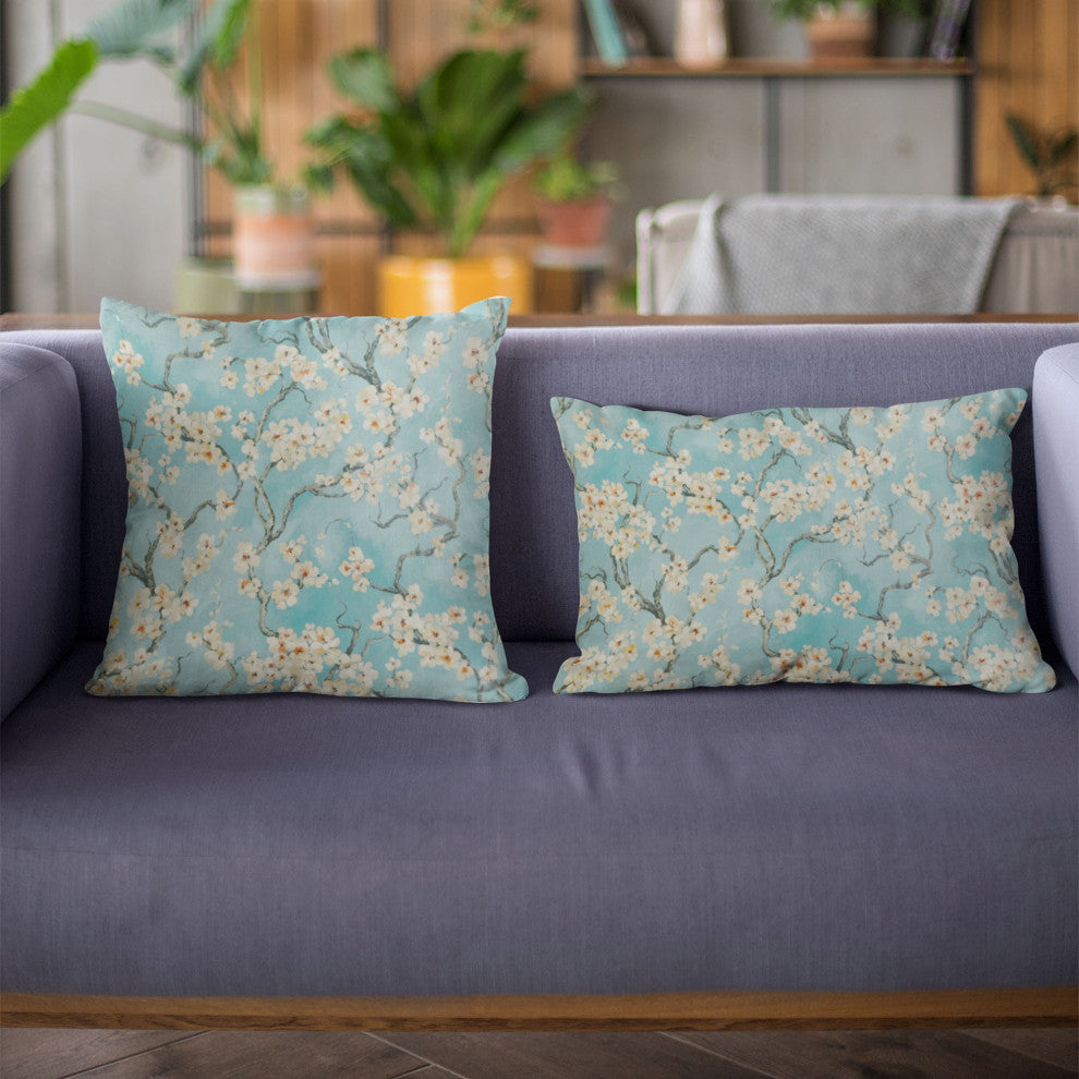 Azure Garden Cherry Blossoms Luxury Throw Pillow, Double Sided 20"x20"