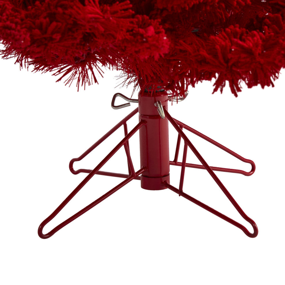 5' Red Flocked Fraser Fir Christmas Tree / 250 Red Lights, 26 Globe Bulbs