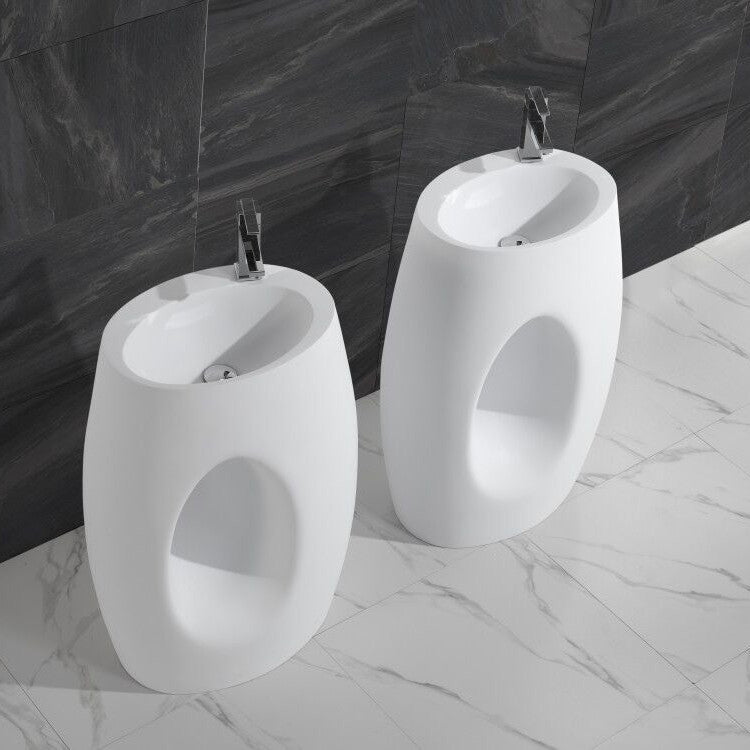 ADM Bathroom Oval Freestanding Pedestal Sink, White, 24", Glossy White