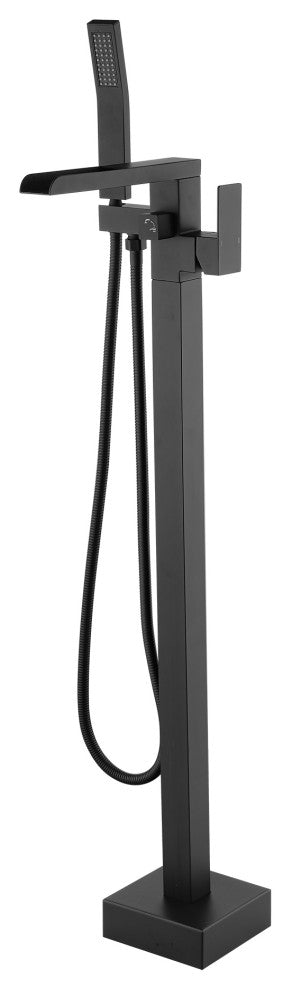 Waterfall Floor Mounted Tub Faucet With Hand Held Shower, Matte Black