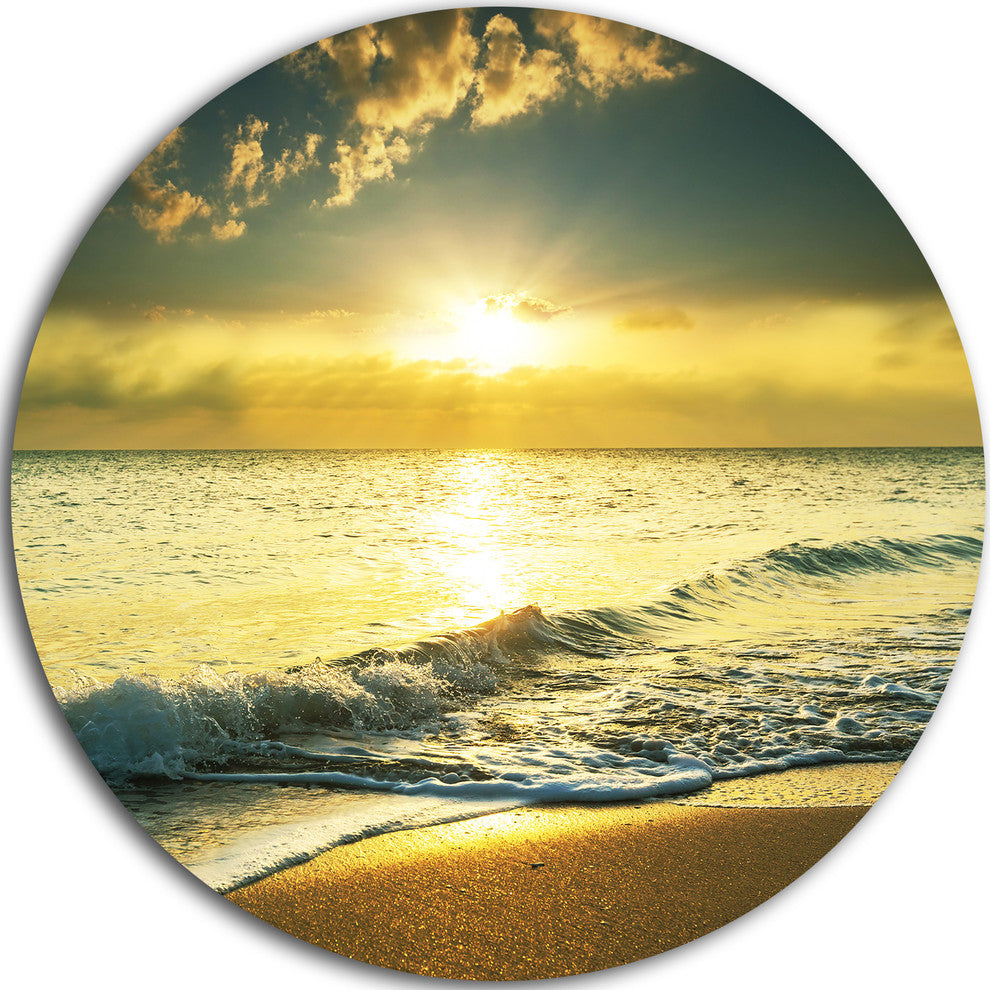 Yellow Sunlight Over Crystal Waters, Seashore Round Metal Wall Art, 23"