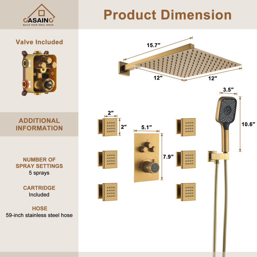 CASAINC 12" Wall Mounted Rainfall Shower Head with 6 Body Jets Shower System, Brushed Gold
