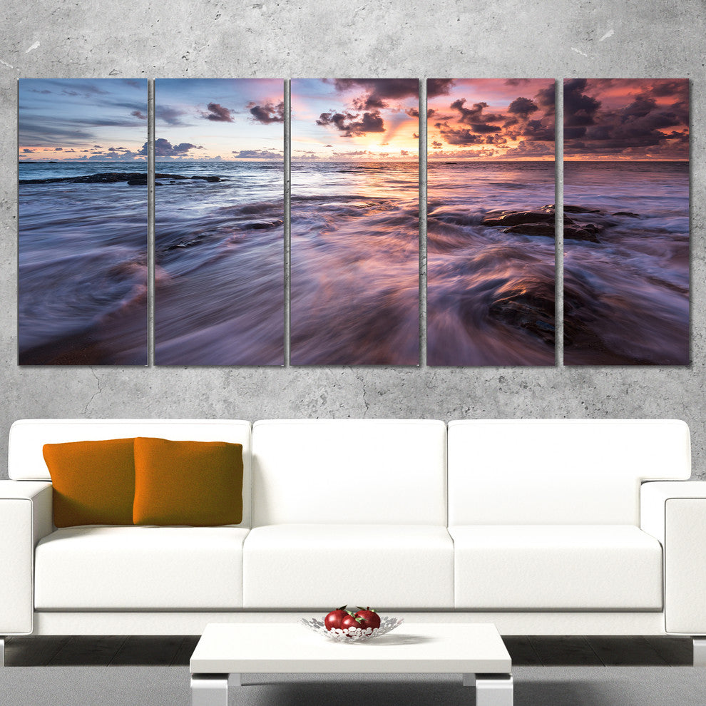 Waves Hitting Rocky Beach, Beach Photo Canvas Print, 60"x28", 5 Panels