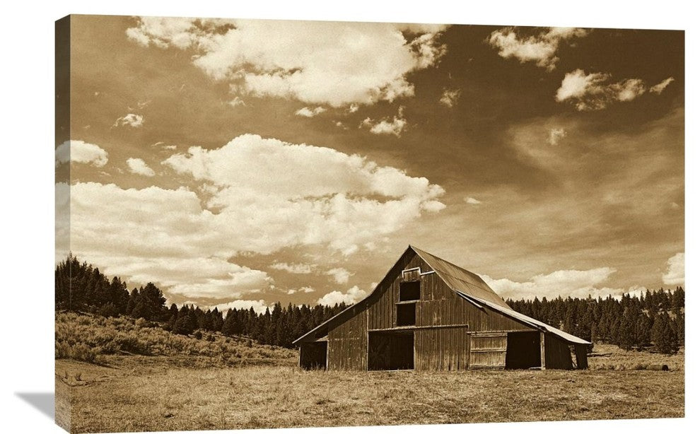 "Old Red Barn In Pastoral Landscape, Oregon - Sepia" Artwork, 36" x 24"