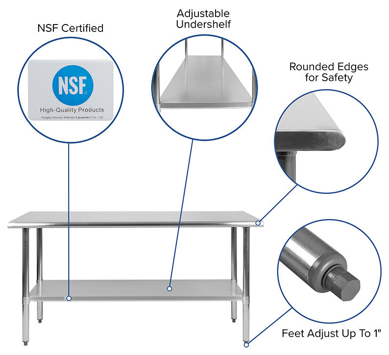 Stainless Steel 18 Gauge Work Table with Undershelf - NSF Certified, 60"w X 24"d