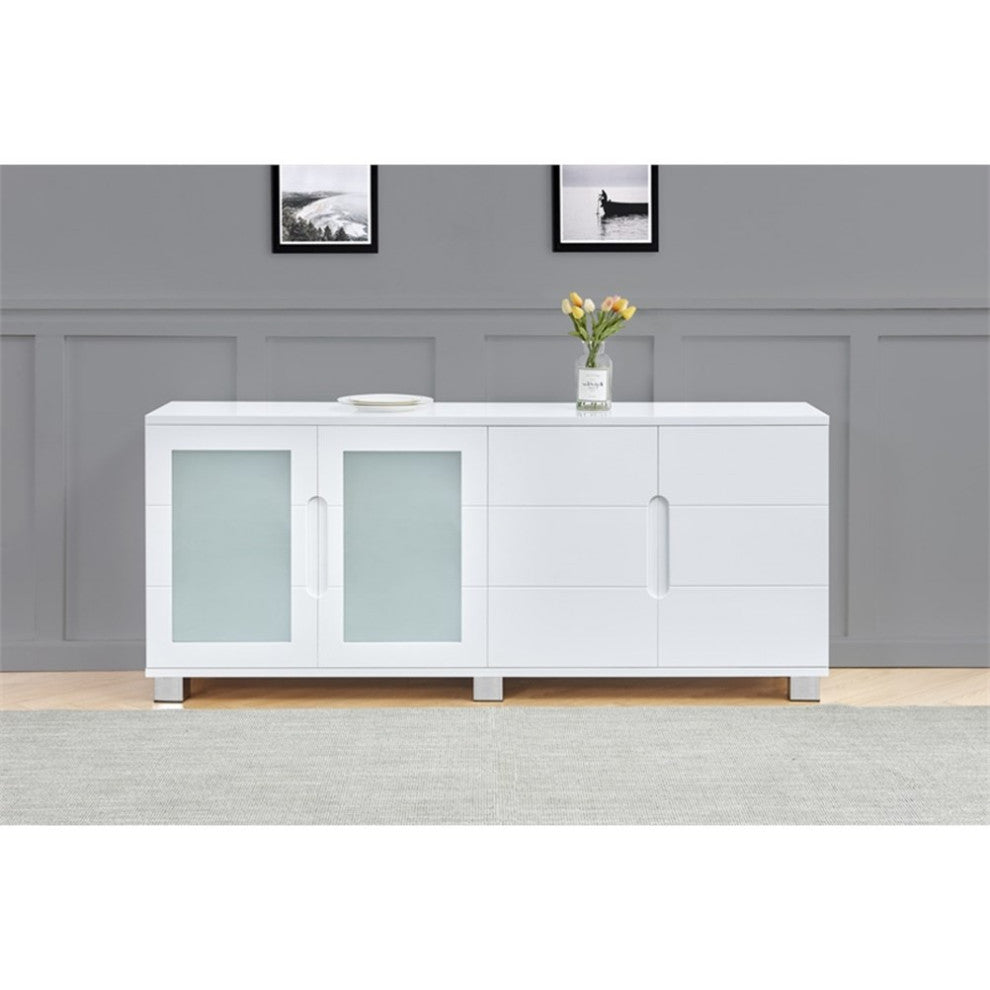 High Gloss White 4 Door Wood Cabinet Server with Frosted Glass Doors