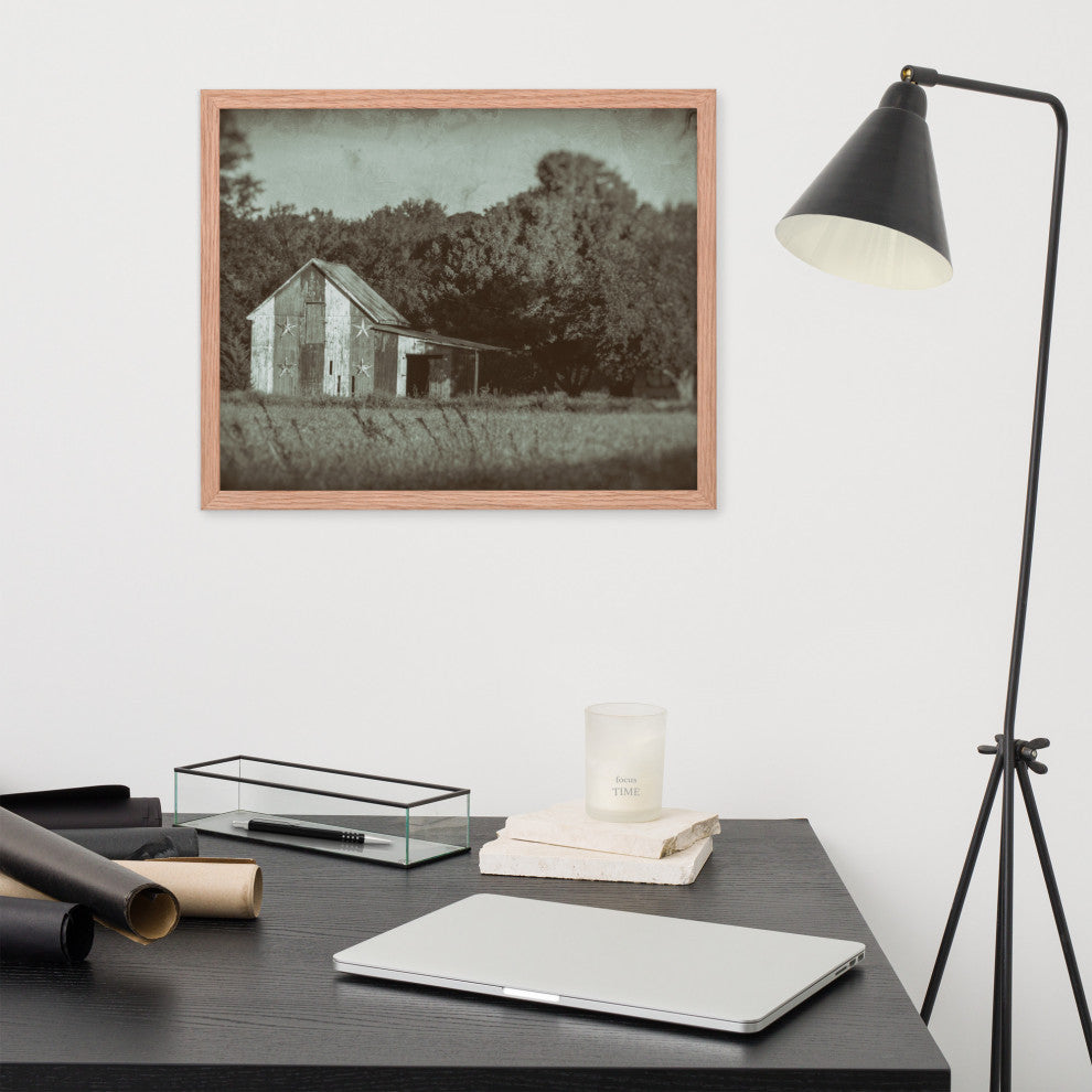 Patriotic Barn in Field Vintage Black and White Framed Photo Wall Art Print, Red Oak, 16" X 20"
