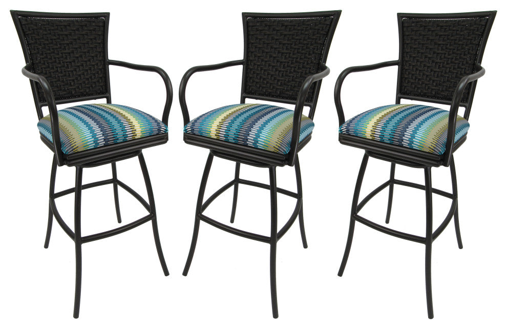 Set of 3, Outdoor/Indoor Swivel Bar Stools Erin, Aqua Sun Stripe on Black, 26"