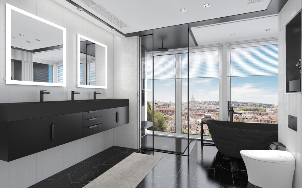CastelloUSA Nile 84" Wall Mounted Bathroom Vanity Set, Black, Black Top, Black Handles