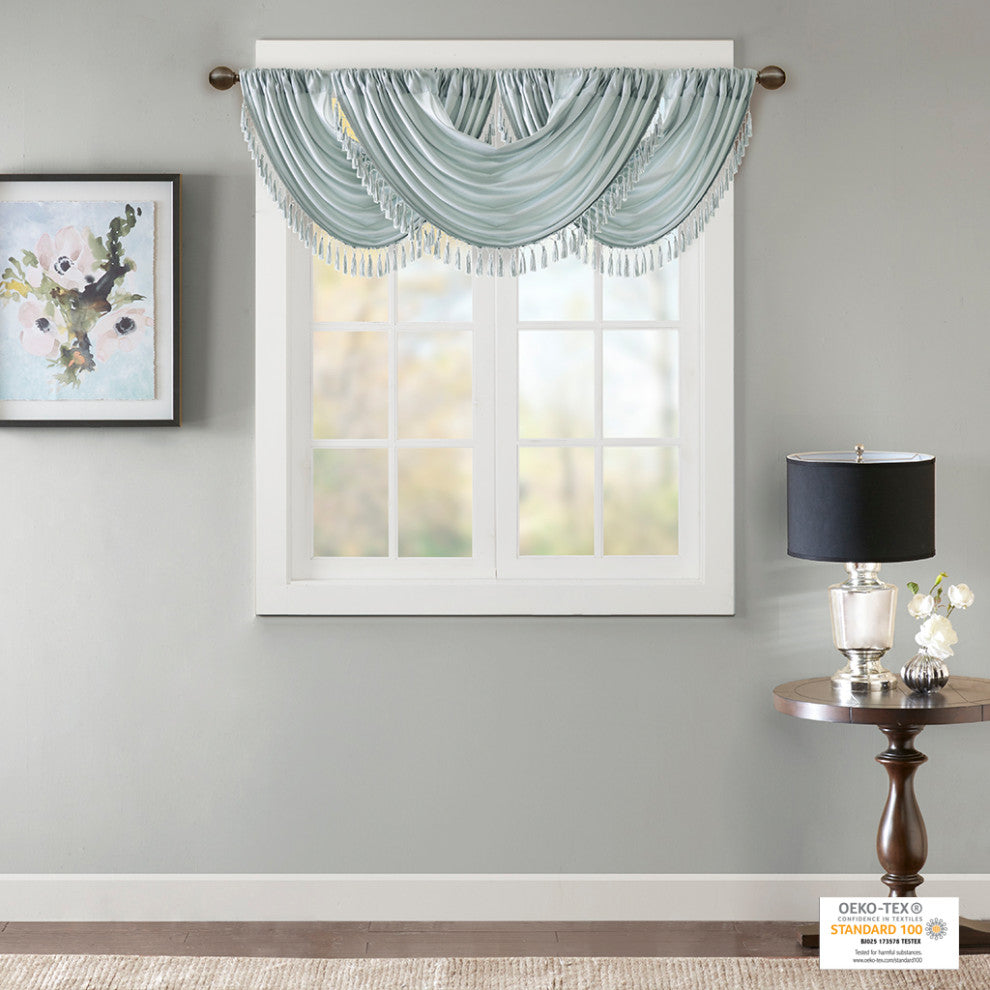 Madison Park Elena Silky Sheer Window Valance with Tassels, Bronze, Dusty Blue