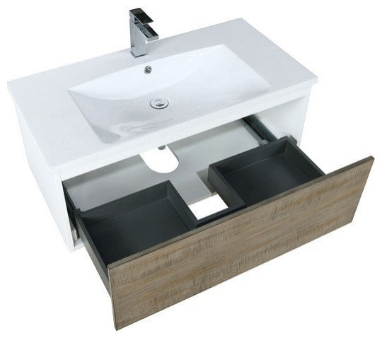 Scopi Modern 36" Rustic Acacia Bathroom Vanity, Labaro Rose Gold Faucet