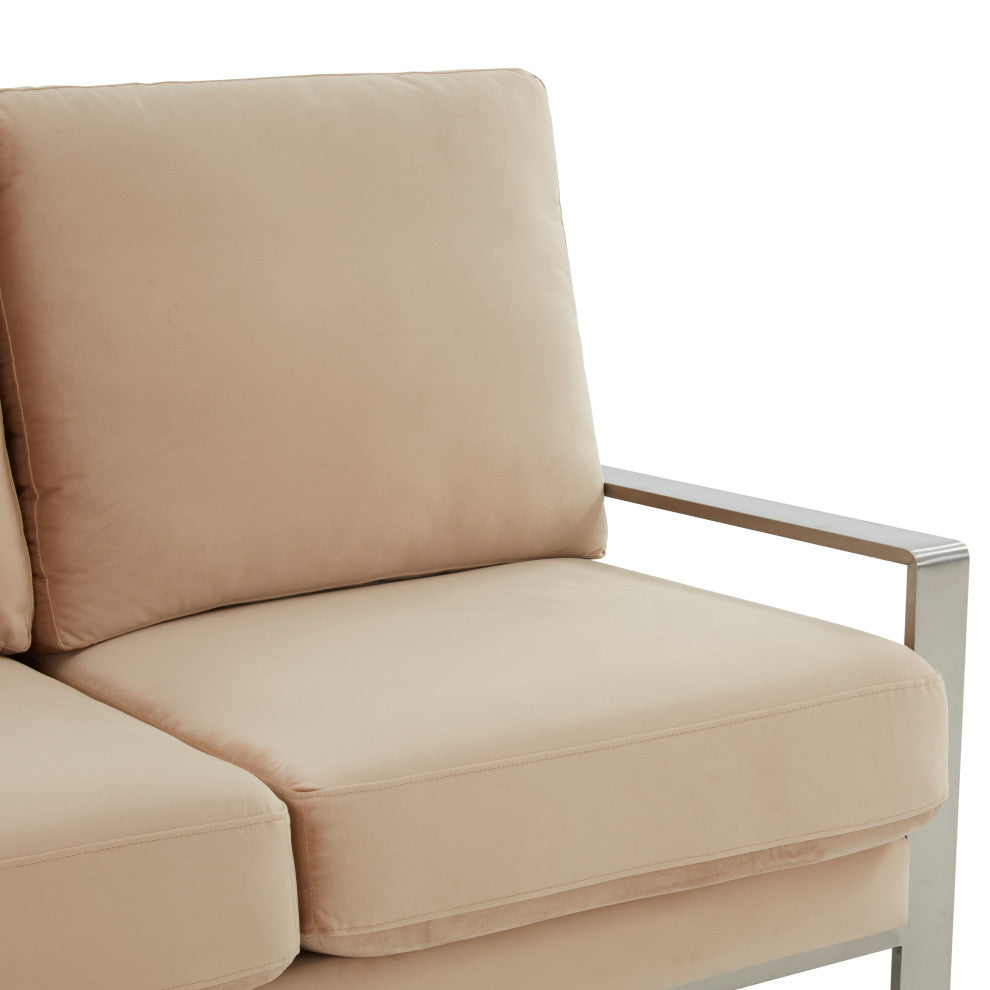 LeisureMod Jefferson Modern Design Velvet Loveseat With Silver Frame, Beige