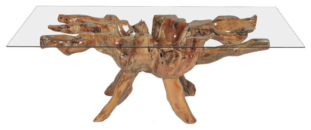Teak Wood Root Dining Table With Glass Top, 71x40"