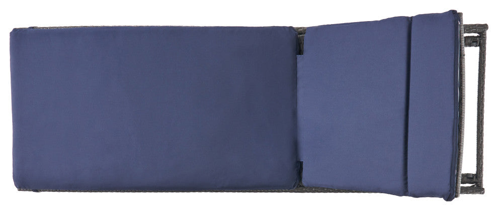 GDF Studio Nassau Outdoor Gray Wicker Chaise Lounge, Navy Blue Cushion