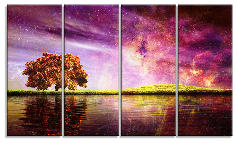 Magic Night with Colorful Clouds, Landscape Canvas Art Print, 48"x28", 4 Panels