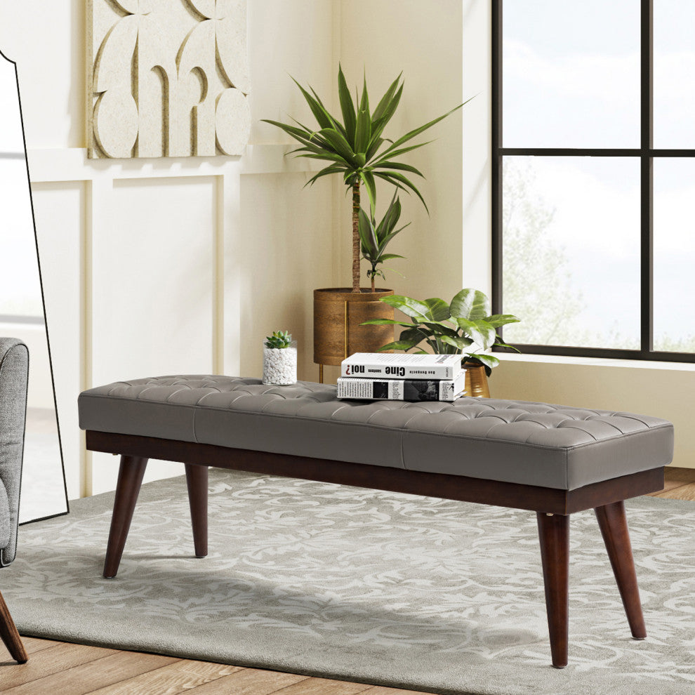 55.5"W Genuine Leather Bedroom Bench, Gray