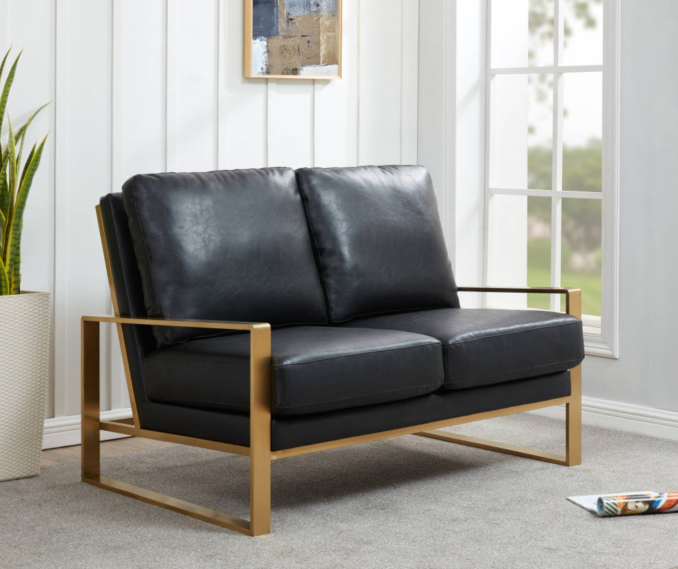 LeisureMod Jefferson Leather Modern Design Loveseat With Gold Frame, Black