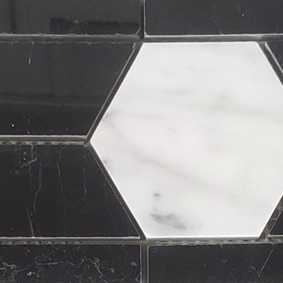 Carrera White Marble 3" Hexagon Mosaic Border Listello Tile Polished, 1 sheet