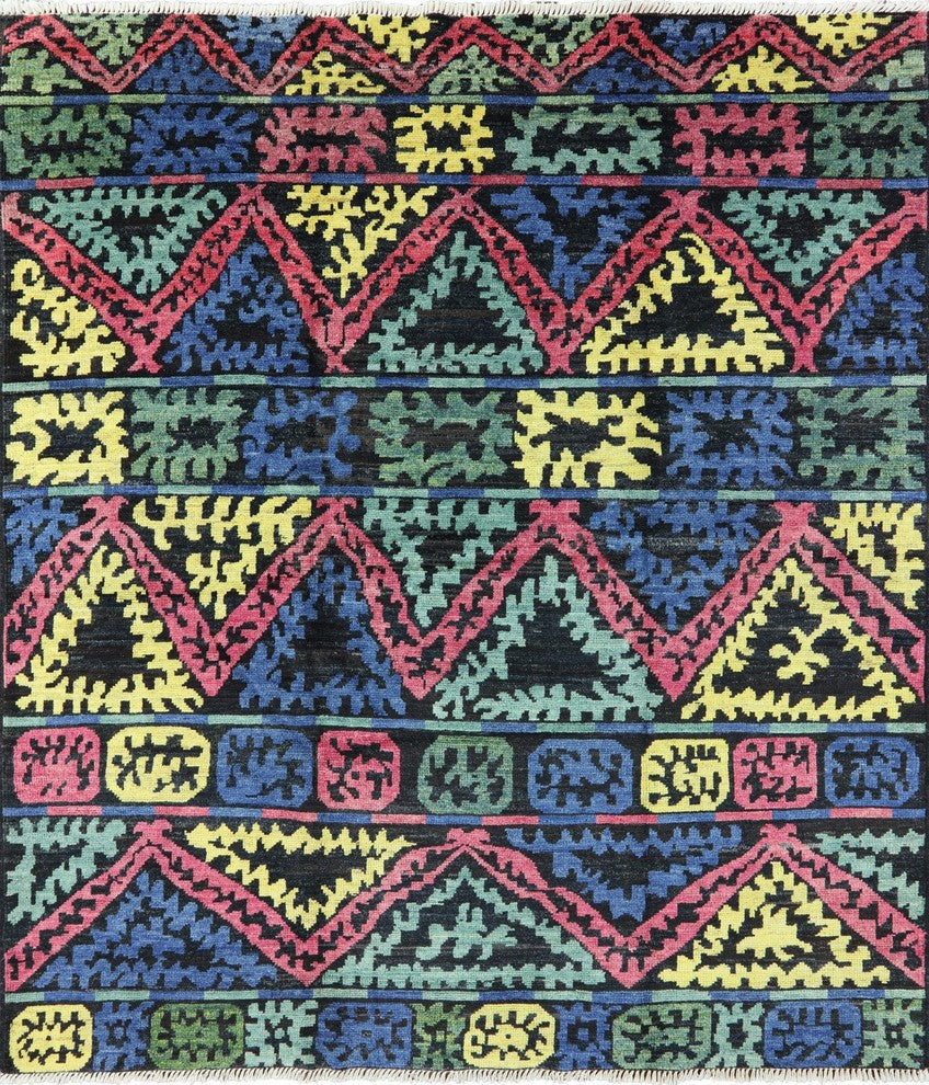 9'x10' South Western Navajo-Design Kaitag Blue Hand Knotted Wool Area Rug
