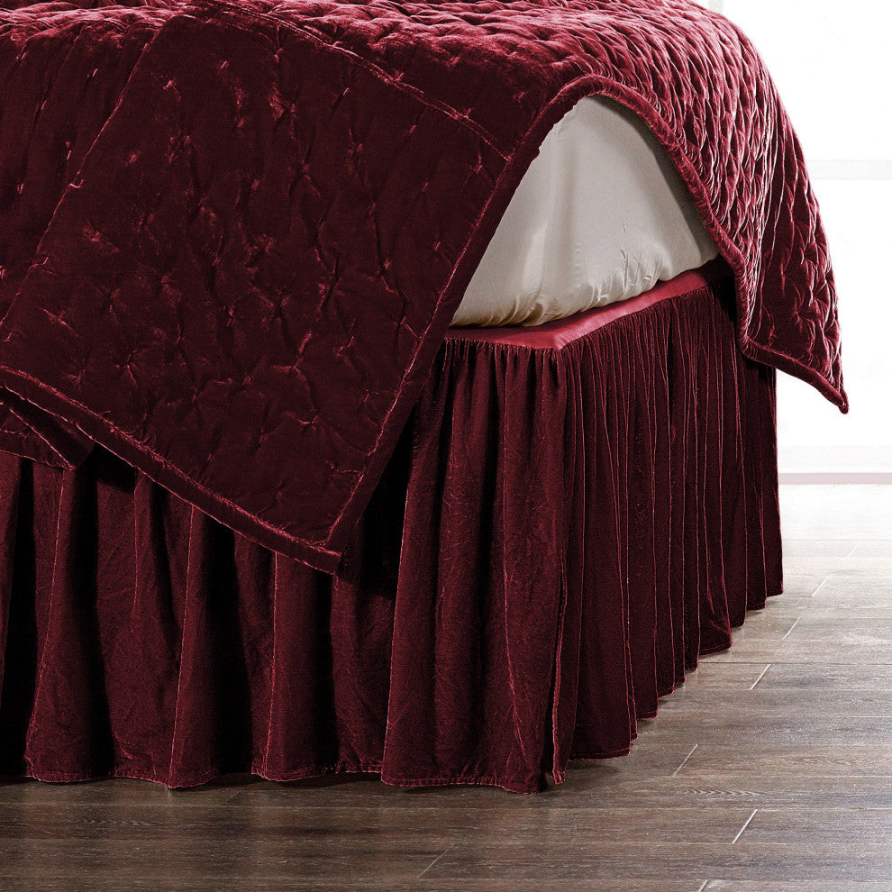 Stella Faux Silk Velvet Bed Skirt, King, Garnet Red, 1 Piece
