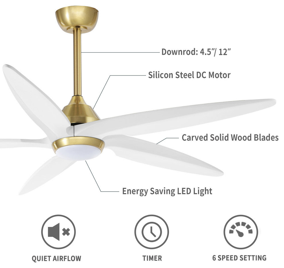 54" Solid Wood 5-Blade LED Ceiling Fan with Remote Control and Light Kit, Gold/White