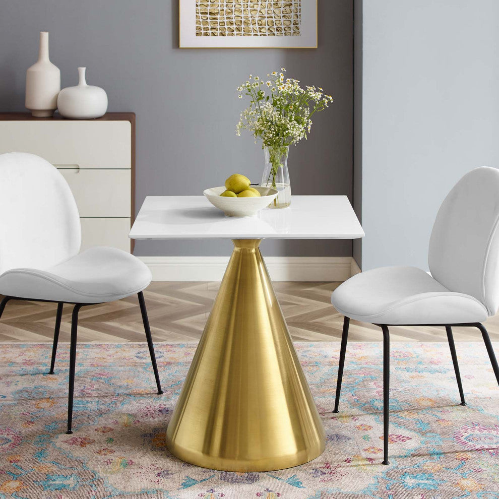 Dining Table, Square, Wood, Metal, Gold White, Modern, Cafe Bistro Restaurant