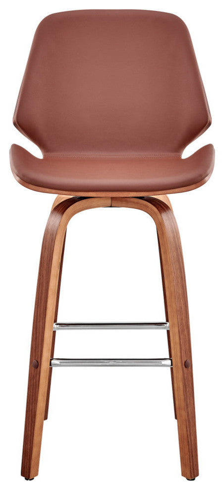 Arabela Faux Leather and Wood Swivel Bar Stool, Brown and Walnut