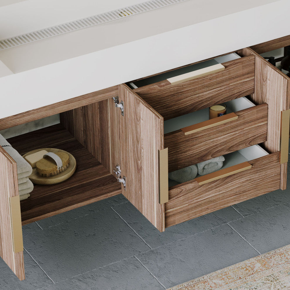 The Burke Bathroom Vanity, White Oak, 60", Double Sink, Wall Mount