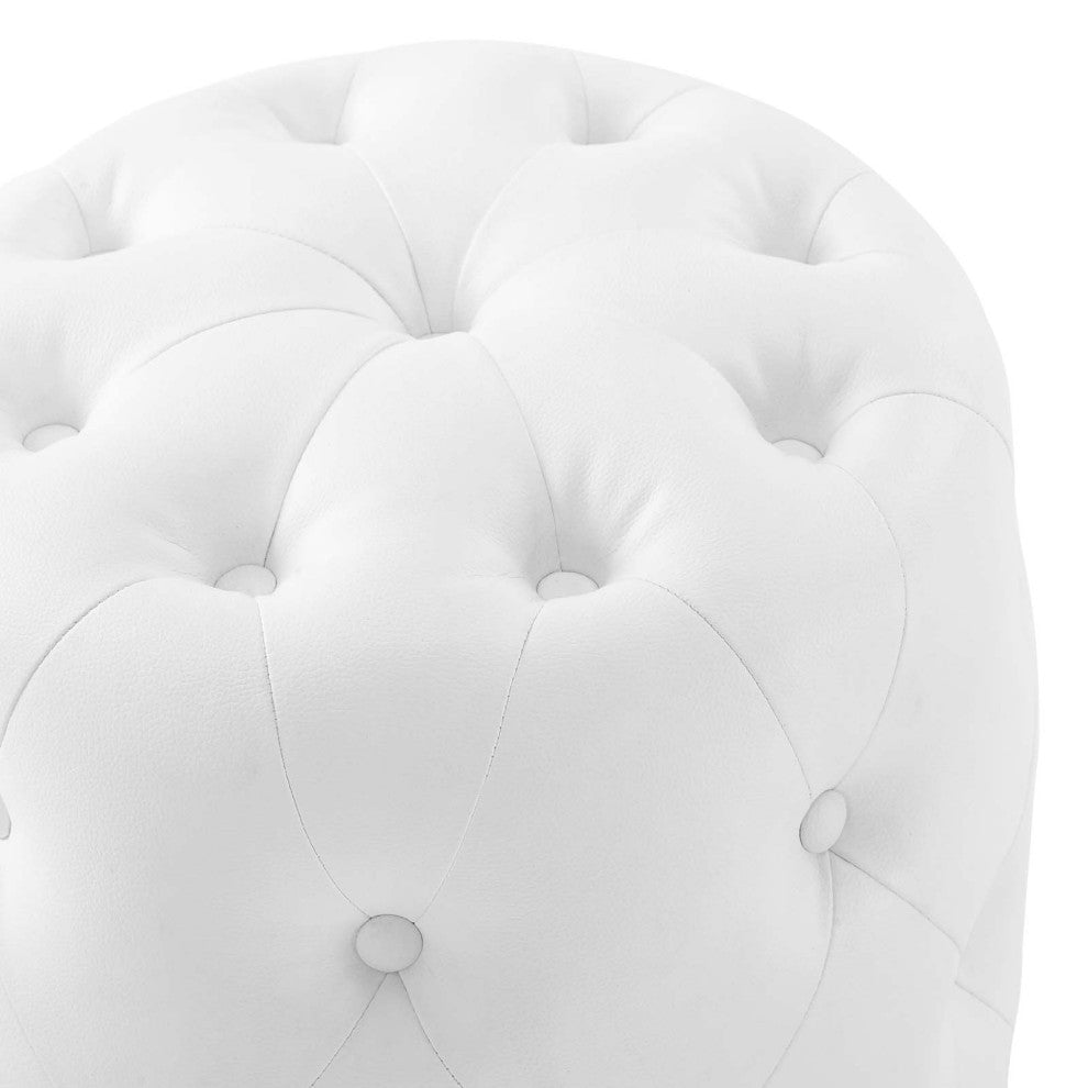 Amour Tufted Button Round Faux Leather Ottoman-White