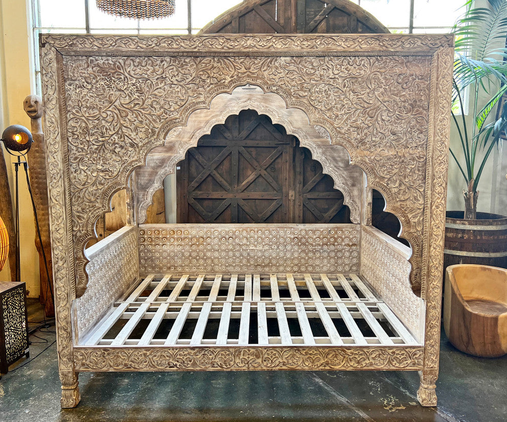 Carved White Wash Canopy Queen Daybed