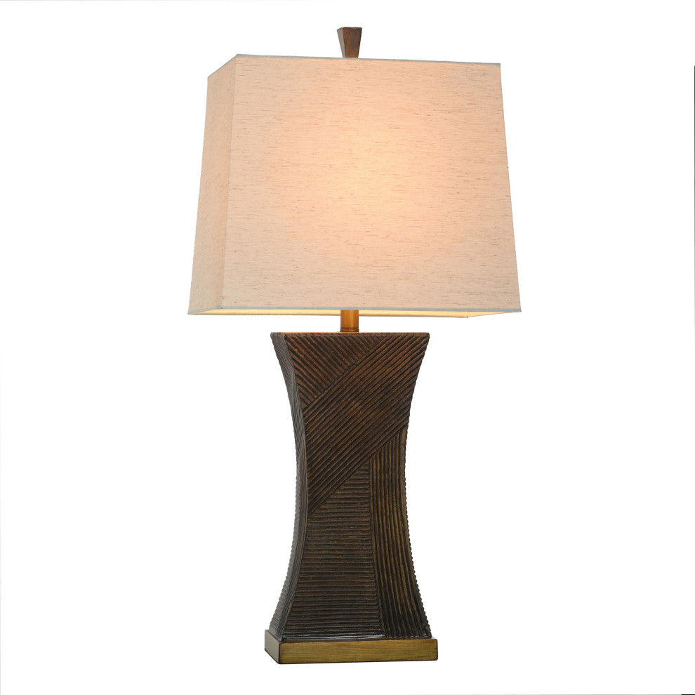 Asher - Linear Embossed Resin Table Lamp - Espresso Brown, Antique Brass