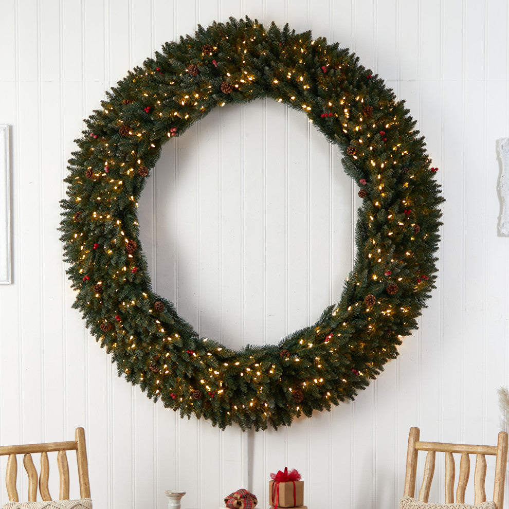 6' Large Flocked Artificial Christmas Wreath With Pinecones Berries 600 LEDs