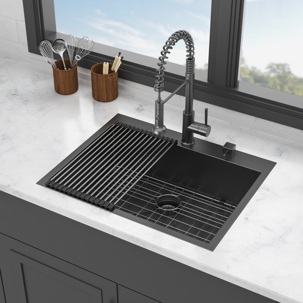 Black Stainless Steel Single Bowl Drop-In Kitchen Sink with Drain Assembly, Gunmetal Black, 28'' X 22''