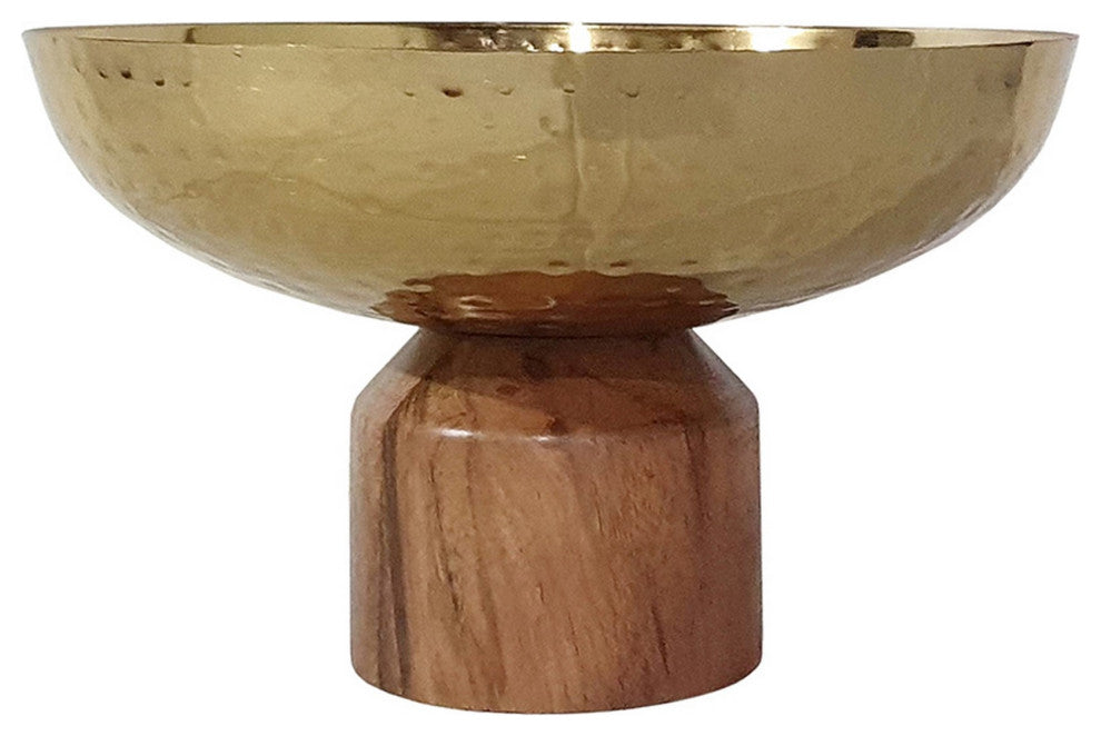 Benzara BM284951 10" Medium Acacia Wood Table Bowl Steel Decorative, Gold